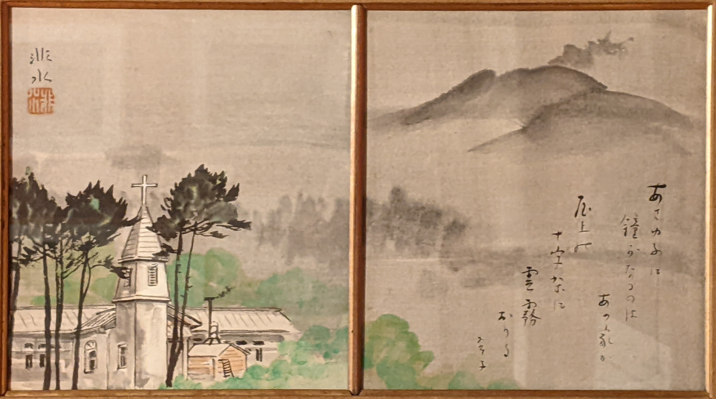 杉浦非水・翠子（すぎうらひすい　すいこ） 合作色紙　浅間山と教会の画像